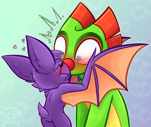 bat_wings blue_eyes blush duo eyes_closed female feral fur gradient_background green_body green_scales head_crest heart_symbol kissing male membrane_(anatomy) membranous_wings nude pattern_background purple_body purple_fur red_nose scales shocked simple_background size_difference tan_body tan_fur wings yellow_body yellow_scales pen_lazuli playtonic_games yooka-laylee laylee yooka bat chameleon lizard mammal reptile scalie hi_res
