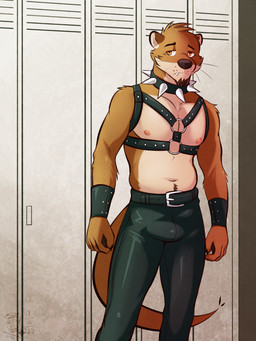 anthro athletic athletic_male belt big_spikes black_nose body_hair bottomwear brown_body brown_eyes brown_facial_hair brown_fur brown_goatee bulge cheek_tuft claws clothing collar countershade_face countershade_neck countershade_torso countershading cuff_(restraint) cute_fangs facial_hair facial_tuft fangs fur goatee happy_trail harness head_tuft inner_ear_fluff locker locker_room looking_at_viewer male membrane_(anatomy) multicolored_body multicolored_fur navel nipples pants partially_clothed_male pink_nipples restraints sad shirtless_male solo spiked_collar spikes standing studded_harness studs tail teeth text tuft two_tone_body two_tone_fur webbed_hands whisker_spots whiskers white_body white_fur white_inner_ear_fluff wrist_cuffs ventkazemaru echo_(game) echo_(series) echo_project gachimuchi chase_hunter asian_small-clawed_otter mammal mustelid otter 2025 artist_name dated hi_res portrait three-quarter_portrait watermark