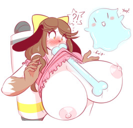 accessory anthro big_breasts blush bodily_fluids bone bow_(feature) bow_accessory bow_ribbon breasts brown_hair centered_hair_bow clothed clothing duo female fur hair hair_accessory hair_bow hair_ribbon mature_anthro mature_female nipples partially_clothed ribbons solo_focus surprised sweat yellow_body yellow_fur theycallhimcake holly_applebee canid canine canis domestic_dog ghost mammal spirit absurd_res hi_res