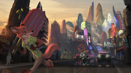 accessory anthro barefoot black_nose city clothed clothed_female clothed_male clothing dipstick_tail duo duo_focus feet female gloves_(marking) group looking_back male markings necktie running tail tail_markings doncoyote disney zootopia judy_hopps nick_wilde canid canine fox lagomorph leporid mammal rabbit 16:9 hi_res widescreen