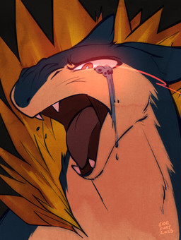 angry anthro black_background blue_body blue_fur bodily_fluids crying fangs fire fur glowing glowing_eyes male open_mouth red_eyes simple_background solo tan_body tan_fur tears teeth tongue sidefury nintendo pokemon generation_2_pokemon pokemon_(species) typhlosion 2025 absurd_res bust_portrait hi_res icon portrait