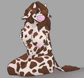 anthro areola big_breasts big_ears big_nose bodily_fluids breasts brown_hair dairy_products dripping_breasts female food hair hand_on_breast hooves horn lactating milk_drip mottled mottled_body navel nipple_dip nipples nude pink_areola pink_nipples snout solo tail tail_tuft tuft katahdin elisabeth_(katahdin) bovid bovine cattle mammal hi_res