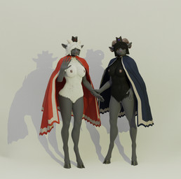 anthro cape cloak clothed clothing duo female female/female fluffy genitals hand_holding horn nipples vulva blacklya blacklya_(modeler) cult_of_the_lamb massive_monster_(studio) goat_(cult_of_the_lamb) lamb_(cult_of_the_lamb) 3d_(artwork) digital_media_(artwork) hi_res