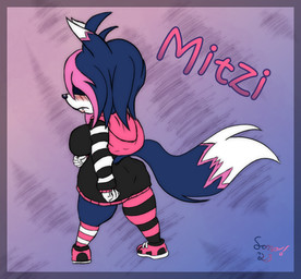 anthro antisocial blush breasts chibi clothing female gradient_background hoodie leggings legwear long_sleeves simple_background solo topwear sonomatic canid canine fox mammal hi_res