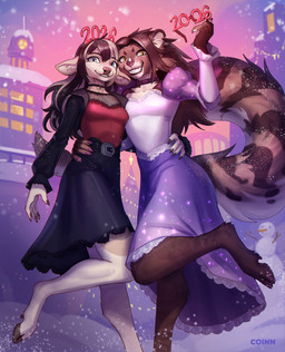 anthro biped bottomwear breasts claws clothed clothed_anthro clothed_female clothing duo female fingers front_view fully_clothed fully_clothed_anthro fully_clothed_female fur hair hooves looking_at_viewer outside smile snow snowing standing tail teeth topwear winter coinn8 deer felid feline mammal 2025 absurd_res digital_drawing_(artwork) digital_media_(artwork) hi_res
