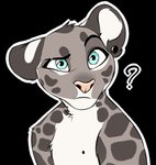 anthro black_background ear_piercing female fur green_eyes grey_body grey_fur markings piercing question_mark simple_background solo spots spotted_body spotted_fur white_body white_fur smileeeeeee ess_(smileeeeeee) felid feline leopard mammal pantherine digital_media_(artwork) reaction_image