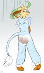 anthro butt butt_heart clothed clothing embarrassed feces frown looking_back onesie pajamas pooping pooping_on_self scatplay simple_background soiling soiling_clothing soiling_onesie solo standing tail juneberrysprout nintendo pokemon eeveelution generation_4_pokemon leafeon pokemon_(species) hi_res