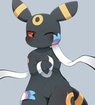 ambiguous_gender black_arms black_body black_ears black_fur black_hands black_tail blush featureless_crotch fur grey_background multicolored_ears one_eye_closed simple_background solo solo_focus tail two_tone_ears two_tone_tail yellow_ears yellow_tail sum nintendo pokemon eeveelution generation_2_pokemon generation_6_pokemon pokemon_(species) sylveon umbreon hi_res