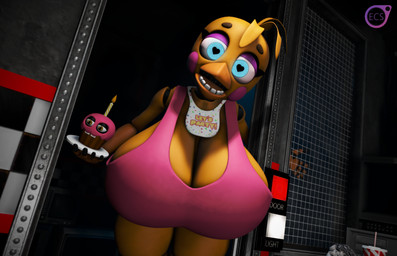 anthro beak bib big_breasts blue_eyes blush blush_stickers bra breasts cleavage clothed clothing doorway female heart_eyes heart_symbol holding_object holding_plate huge_breasts hyper hyper_breasts looking_at_viewer machine non-mammal_breasts open_beak open_mouth plate solo underwear yellow_body thordersfm_(artist) akkoarcade_(modeler) five_nights_at_freddy's five_nights_at_freddy's_2 scottgames cupcake_(fnaf) toy_chica_(fnaf) animatronic avian bird chicken galliform phasianid robot 2021 3d_(artwork) digital_media_(artwork) hi_res source_filmmaker_(artwork)