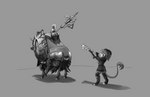 ambiguous_gender anthro armor axe duo female feral horn imminent_death melee_weapon mount rear_view rider riding saddle simple_background sneaking tree_sentinel_(elden_ring) weapon revertigo elden_ring fromsoftware mounted_knight cheetah equid equine felid feline horse human mammal absurd_res hi_res monochrome