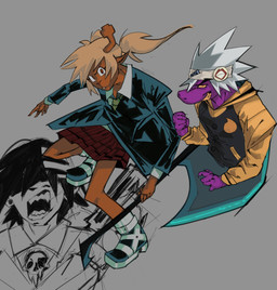 anthro axe black_clothing black_shirt black_topwear blonde_hair bottomwear clothing female grey_background group hair male parody purple_body purple_skin shirt simple_background skirt topwear trio white_hair sodaggs deltarune soul_eater undertale_(series) death_the_kid kris_dreemurr maka_albarn noelle_holiday soul_evans susie_(deltarune) deer human mammal new_world_deer reindeer 2025 absurd_res digital_media_(artwork) hi_res