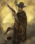 anthro cigar cigarillo clothing gun gunslinger hat headgear headwear holding_gun holding_object holding_ranged_weapon holding_weapon looking_at_viewer male poncho ranged_weapon smoke smoking solo sun tail weapon western vrass cheetah felid feline mammal 2011 4:5 digital_media_(artwork) digital_painting_(artwork) painting_(artwork) portrait three-quarter_portrait yellow_theme