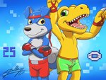 bottomwear boxing clothing duo gloves handwear male shorts sport swimming swimming_trunks swimwear sagadreams bandai_namco digimon agumon digimon_(species) gaomon 4:3 hi_res