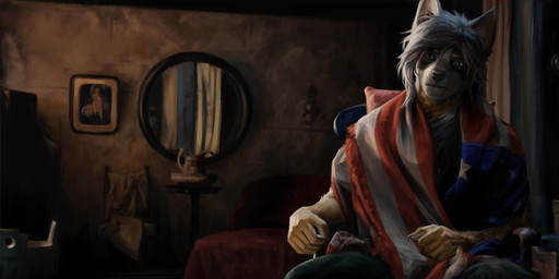 5_fingers american_flag anthro chair fingers furniture hair interior_background internal male painting_(object) sitting solo table united_states_of_america white_hair geewolf gangs_of_new_york_(2002) canid canine canis domestic_dog mammal 2025 digital_media_(artwork) hi_res signature