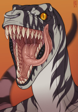 anthro black_body black_lips blurred_background bodily_fluids facial_piercing front_view fur furgonomic_piercing furgonomics glistening glistening_eyes grey_body grey_fur lip_piercing lip_stud lips logo male mouth_shot muzzle_piercing nose_piercing nose_ring nude open_mouth orange_eyes piercing pink_tongue pupils ring_piercing saliva saliva_string septum_piercing septum_ring sharp_teeth simple_background slit_pupils solo striped_arms striped_neck teeth tongue tongue_out riorix dinosaur dromaeosaurid prehistoric_species reptile saurischian scalie theropod 2021 absurd_res artist_logo bust_portrait dated hi_res portrait signature
