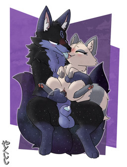 animal_genitalia animal_penis balls black_body black_fur blue_body blue_eyes blue_fur blue_penis blue_tongue blush bodily_fluids canine_genitalia canine_penis clitoris dipstick_ears dripping duo ear_markings ejaculation facial_markings female feral fingering forehead_markings french_kissing fur galaxy_fur genital_fluids genitals gloves_(marking) green_eyes grey_body grey_fur head_markings inner_ear_fluff kissing leg_markings lidded_eyes male male/female markings moon_(marking) motion_lines multi_tail multicolored_ears on_lap pawpads penetration penis penis_tip precum precum_drip saliva sheath socks_(marking) starry_fur striped_markings striped_tail stripes tail tail_markings tan_body tan_fur tongue tuft vaginal vaginal_fluids vaginal_penetration vaginal_squirting vulva white_inner_ear_fluff conditional_dnp yakukitsu dungeons_and_dragons hasbro ioverse wizards_of_the_coast noctyrr_(yakukitsu) vezika_larskin_(naomioop) canid canine fox fox_spirit mammal procyonid raccoon hi_res signature