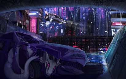 ambiguous_gender bodily_fluids building drooling feral fur futuristic outside pink_eyes pupils raining saliva science_fiction sharp_teeth slit_pupils solo tail teeth unsigned vehicle water wheel white_body white_ears white_fur white_tail acidic synx 16:10 widescreen