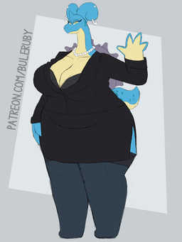 4_fingers anthro beaded_jewelry beaded_necklace beads bent_arm big_breasts black_bottomwear black_bra black_clothing black_legwear black_skirt black_suit black_thigh_highs black_underwear blue_body blue_horn blue_skin blue_tail bottomwear bra breasts cleavage closed_smile clothed clothed_anthro clothed_female clothing collarbone eyelashes female female_anthro fingers fully_clothed fully_clothed_anthro fully_clothed_female gesture grey_shell half-closed_eyes hand_on_hip hand_on_own_hip horn jewelry legwear light looking_at_viewer mouth_closed multicolored_body multicolored_skin multicolored_tail narrowed_eyes necklace non-mammal_breasts piercing pokemorph pupils shell skirt smile smiling_at_viewer solo standing suit tail text thick_thighs thigh_highs thin_eyebrows two_tone_body two_tone_skin underwear waving waving_at_viewer white_piercing white_pupils yellow_body yellow_eyes yellow_skin buleruby nintendo pokemon fan_character lupus_(buleruby) generation_1_pokemon lapras pokemon_(species) 2025 3:4 absurd_res colored digital_drawing_(artwork) digital_media_(artwork) hi_res lighting url