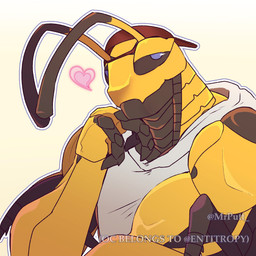 antennae_(anatomy) blue_eyes brown_body clothing hat headgear headwear heart_symbol looking_at_viewer male muscular muscular_male simple_background white_clothing yellow_body mrputt ogden_(entitropy) arthropod hornet hymenopteran insect vespid wasp 1:1 hi_res