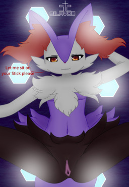 anthro black_body black_fur clitoris female fur genitals looking_at_viewer navel purple_body purple_fur smile solo spread_legs spreading text vulva white_body white_fur silavos nintendo pokemon braixen canid canine generation_6_pokemon mammal pokemon_(species) shiny_pokemon archived_source english_text hi_res watermark