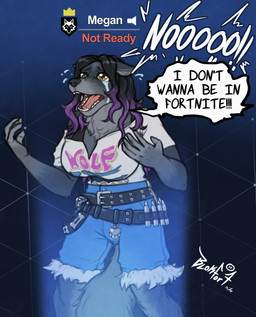 anthro belt big_breasts black_hair bodily_fluids bottomwear breasts clothing crying female fur grey_body grey_fur hair highlights_(coloring) open_mouth shirt shorts simple_background standing t-shirt tears text topwear blokfort epic_games fortnite wolfie_(fortnite) canid canine canis mammal wolf 2025 absurd_res english_text hi_res