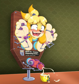 4_toes anthro barefoot bdsm big_feet blush bodily_fluids bondage bound countershade_feet countershading crossgender cuff_(restraint) cum cum_in_a_cup cum_in_container ejaculation feet foot_fetish foot_focus ftg_crossgender fti_crossgender genital_fluids genitals gynomorph humanoid_genitalia humanoid_penis intersex laugh orgasm penis plantigrade portal restraints saliva shackles soles stocks tears text thinking_with_portals through_wall tickle_fetish tickle_torture tickling tickling_feet tickling_genitalia tickling_machine tickling_penis toe_restraints toes utility_genitals caroo animal_crossing nintendo isabelle_(animal_crossing) canid canine canis domestic_dog mammal shih_tzu toy_dog english_text hi_res