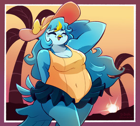 4_fingers anthro beak big_breasts black_eyebrows blonde_highlights blue_body blue_feathers blue_hair blush blush_stickers border bow_ribbon breasts butt cleavage clothed clothing detailed_background eyebrow_through_hair eyebrows eyelashes eyes_closed feather_hands feathers female fingers flowing_hair frilly frilly_clothing frilly_swimwear hair hand_behind_head hat headgear headwear highlights_(coloring) long_eyelashes long_hair multicolored_hair navel navel_outline non-mammal_breasts non-mammal_navel one-piece_swimsuit open_mouth open_smile overweight overweight_anthro overweight_female palm_tree plant red_border smile solo sun_hat sunset swimwear tail tail_feathers three-quarter_view translucent translucent_hair tree wide_hips yellow_beak yellow_bow yellow_clothing yellow_swimwear stephsartlab undertale undertale_(series) undertale_yellow martlet_(undertale_yellow) avian bird monster 2026 digital_media_(artwork) hi_res portrait signature three-quarter_portrait watermark