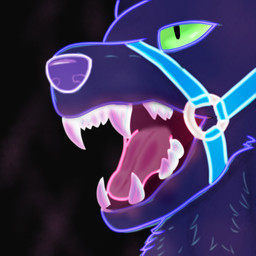 ambiguous_form ambiguous_gender bared_teeth fangs fangs_bared fur gaping_mouth glowing glowing_eyes green_eyes halter mouth_shot neon open_mouth purple_body purple_fur purple_nose simple_background snout solo teeth teeth_showing textured_background tongue blaze2012 canid canine canis domestic_dog mammal 1:1 headshot_portrait hi_res portrait shaded simple_shading