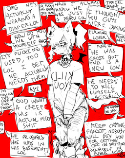 anthro blush bodily_fluids bottomwear bottomwear_down bottomwear_pull bullying clothed clothing clothing_pull collar crying degradation dialogue diaper eyewear feces genital_fluids glasses gynomorph humiliation intersex leaking_diaper misgendering pants pants_down pants_pull partially_clothed scar self-harm_scars slur soiling solo speech_bubble suicide tears text transphobia unclean_diaper urine used_diaper wet_diaper wetting wetting_diaper wings bravobunny bravo_(bravobunny) canid canine canis mammal wolf english_text hi_res trans_(lore) trans_woman_(lore)