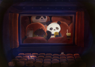 anthro biped chair chibi eating electronics food fur furniture group inside movie_theater multicolored_body multicolored_fur phone sitting two_tone_body two_tone_fur araru bear giant_panda mammal 2020