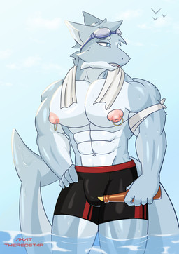 anthro bandage beer_bottle bottle bottomwear clothing container eyewear goggles male nipple_piercing nipples piercing sea shorts smile solo swimming_goggles swimming_trunks swimwear towel towel_around_neck water akat/starfox aquatic fish shark absurd_res hi_res