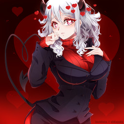 bottomwear breasts clothing eye_through_hair female hair heart_symbol looking_at_viewer not_furry pants red_background simple_background solo spade_tail suit tail translucent translucent_hair invidiata helltaker modeus_(helltaker) demon humanoid 1:1 2020 absurd_res hi_res