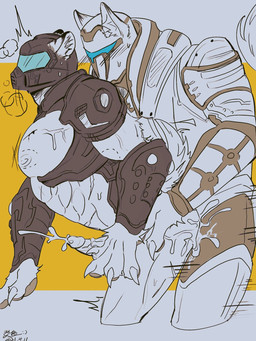 alternate_species armor bite_mark blush bodily_fluids bodyguard_position breath claws clothed clothing cum cum_in_ass cum_inside cum_while_penetrated duo from_behind_position genital_fluids genitals headgear helmet inner_ear_fluff male male/male muscular muscular_male nipples obliques panting partially_clothed pawpads pecs penetration penis sex standing standing_sex tuft clx147258 doom_(series) id_software microsoft doom_slayer canid felid mammal 3:4 hi_res