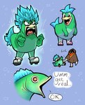 anthro blue_background blue_hair clothing duo footwear hair humor kick male scarf simple_background smile socks solo super_saiyan text itzamemango glitch_productions smg4 bob_(smg4) fishy_boopkins aquatic_creature fish humanoid marine english_text meme