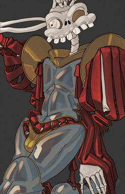 1_eye armor body_armor bone brass clothing ivory_body ivory_bones lean_male male medieval_armor medieval_clothing not_furry pose red_clothing silly_face silver_(metal) silver_armor simple_background skeleton skinny_male solo sparse_teeth steel ravuer medievil_(game) sir_daniel_fortesque humanoid absurd_res hi_res pinup