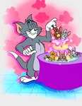 anthro cake cherry dessert eyes_closed flower food frosting fruit group happy male on_model plant simple_background smile standing juneduck21 metro-goldwyn-mayer tom_and_jerry jerry_mouse thomas_cat domestic_cat felid feline felis mammal mouse murid murine rodent absurd_res hi_res