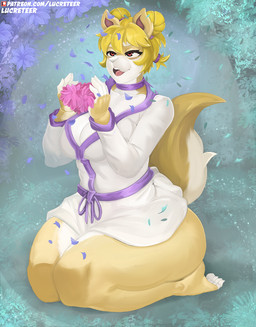 anthro asian_clothing big_breasts breasts clothing east_asian_clothing female flower japanese_clothing kimono plant pose sitting solo text thick_thighs wide_hips lucreteer canid canine canis domestic_dog mammal shiba_inu spitz hi_res pinup url