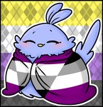 aegosexual_pride_colors ambiguous_gender asexual_pride_colors beak bedding black_border blanket border clothing eyes_closed feathers feral fluffy lgbt_pride multicolored_clothing nonbinary_pride_colors pride_color_background pride_color_clothing pride_color_flag pride_colors simple_background smile solo tail topwear wrapped_up conditional_dnp muffinlewds lgbt_pride_month blueberry_muffin_(muffinlewds) avian bird mammal digital_media_(artwork) hi_res nonbinary_(lore)