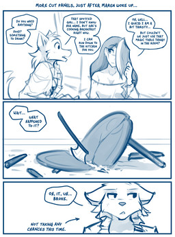 5_fingers anthro axe biped blush blush_lines breasts clothed clothed_anthro clothed_female clothed_male clothing dialogue duo eyelashes female fingers fur hair hair_over_eye humor long_eyelashes male simple_background speech_bubble tail text tuft white_background conditional_dnp tom_fischbach twokinds maren_taverndatter sythe_(twokinds) canid canine canis human keidran mammal wolf 2026 blue_and_white comic digital_drawing_(artwork) digital_media_(artwork) english_text monochrome sketch