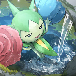 ambiguous_gender ambiguous_humanoid biped blue_flower day featureless_legs flower green_body moss multicolored_body not_furry open_mouth outside partially_submerged pink_flower pink_tongue plant rock rose_(flower) solo sparkles standing tongue water waterfall white_eyes yellow_body spicyichizo nintendo pokemon elemental_creature elemental_humanoid flora_fauna generation_3_pokemon humanoid plant_humanoid pokemon_(species) roselia 1:1 2026 absurd_res hi_res shaded