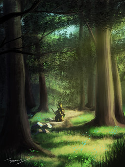 backpack branch claws cloak clothing flower forest grass green_body green_scales male plant rock scales solo staff trail tree dew_dragon kobold scalie 2018 3:4 hi_res