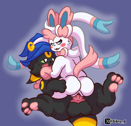 anthro balls black_body blue_eyes butt clothing duo female feral genitals green_eyes hat headgear headwear magic_user male male/female penetration penis pink_body simple_background tail vaginal vaginal_penetration vulva white_body wizard_hat goombato_dibujos nintendo pokemon goombato_umbreon eeveelution generation_2_pokemon generation_6_pokemon pokemon_(species) sylveon umbreon hi_res