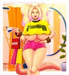 alternative_fashion anthro big_breasts blonde_hair bracelet breasts camel_toe choker clothing credit_card eyewear female front_view glasses gyaru hair hand_on_hip highlights_(coloring) huge_breasts j-fashion jewelry lips lipstick long_nails makeup navel navel_piercing necklace panties piercing pink_hair pink_highlights purse shirt shopping_bag solo text text_on_clothing text_on_shirt text_on_topwear topwear tsuyome under_boob underwear y2k_(fashion) galacticmichi the_prodigy katrina_fowler domestic_cat felid feline felis mammal digital_media_(artwork) english_text portrait three-quarter_portrait