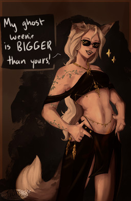 arm_tattoo black_lipstick black_nails colored_nails dipstick_tail eyewear female gesture gold_(metal) gold_jewelry hair hand_gesture jewelry lipstick makeup markings mismatched_ears multicolored_hair nails pointing pointing_down sharp_teeth smile solo sparkles speech_bubble spotted_ears standing sunglasses sunglasses_on_face tail tail_markings tattoo teeth two-piece_dress wearing_sunglasses tsunekitsune border_collie canid canine canis collie domestic_dog herding_dog humanoid mammal pastoral_dog sheepdog werecanid werecanine werecreature weredog