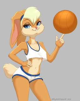 5_fingers anthro ball basketball_(ball) biped blonde_hair blue_eyes breasts buckteeth clothed clothed_anthro clothed_female clothing collarbone countershade_face countershade_neck countershade_torso countershading ears_tied_back eyebrows eyelashes female female_anthro fingerless_(marking) fingers fully_clothed fully_clothed_anthro fully_clothed_female grey_background hair hair_bun holding_ball holding_object iris midriff navel pink_nose pupils short_tail simple_background smile solo standing tail teeth text kyotoleopard looney_tunes warner_brothers lola_bunny lagomorph leporid mammal rabbit 2021 absurd_res artist_name dated digital_media_(artwork) hi_res shaded