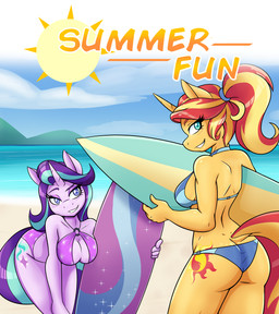 5_fingers anthro anthrofied beach bent_over bikini blonde_hair blue_hair breasts butt cleavage clothed clothing cutie_mark detailed_background duo eyebrows eyelashes eyeshadow female fingers hair horn makeup multicolored_hair outside ponytail purple_hair red_hair sand seaside sky sun surfboard swimwear text two-piece_swimsuit two_tone_hair vehicle water watercraft ambris equestria_girls friendship_is_magic hasbro my_little_pony mythology starlight_glimmer_(mlp) sunset_shimmer_(eg) equid equine mammal mythological_creature mythological_equine unicorn 2017 digital_media_(artwork) english_text hi_res shaded