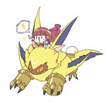 brown_hair chibi claws duo female feral fur hair long_hair male riding sharp_teeth teeth winged_arms wings yellow_body yellow_fur lmwoumbcntmzpeu bandai_namco digimon digimon_ghost_game ruri_tsukiyono digimon_(species) human lamortmon mammal monster 1:1