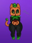 anthro black_body food gloves_(marking) glowing glowing_eyes halloween_bucket holidays jack-o'-lantern leaf leg_markings male markings pumkin socks_(marking) solo haretabee halloween pumkat animate_inanimate domestic_cat felid feline felis food_creature mammal absurd_res hi_res