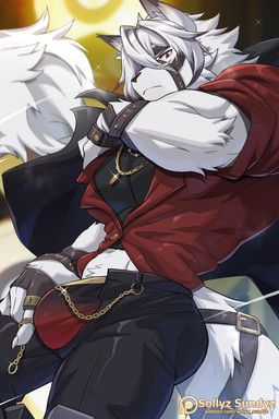 anthro biped bulge clothed clothing fur looking_at_viewer male muscular muscular_anthro muscular_male red_eyes solo text white_body white_fur sollyz mihoyo zenless_zone_zero von_lycaon canid canine canis mammal wolf 2026 2:3 url