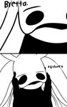 2_horns 2_panel_comic black_body black_eyes black_text clothed clothing dialogue eyebrows fingers horn male open_mouth simple_background solo sound_effects text white_background white_head skeletorskeletonized hollow_knight team_cherry elderbug_(hollow_knight) arthropod 2020 5:8 comic digital_media_(artwork) english_text hi_res